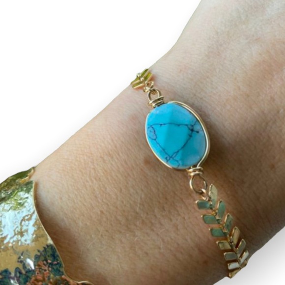 Gold Hammered Bangle Bracelet OR Gold + Turquoise Bracelet NWT - Picture 3 of 3